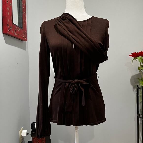 NEW Dana Buchman Silk Pleated Button Belted Tie Waist Bell Sleeve Sweater P NWOT - Picture 7 of 15